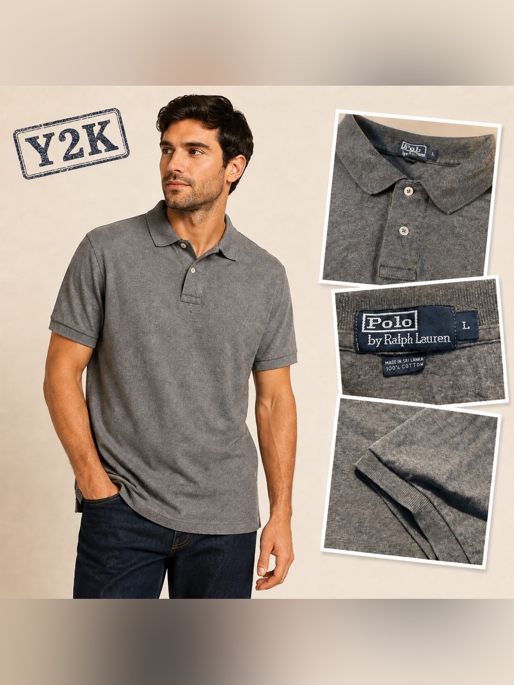 Polo by Ralph Lauren Men’s L Gray Cotton Polo Shirt Minimalist Y2K